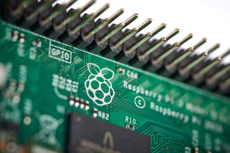 Close-up detail of the Raspberry Pi Foundation logo on a Raspberry Pi 3 Model B single-board computer