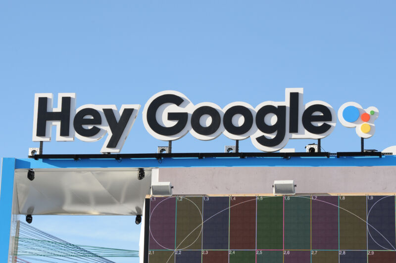 The lettering "Hey Google" on the Google pavilion at the CES consumer electronics show in Las Vegas in 2018. These words activate Google Assistant, Google's virtual personal assistant.
